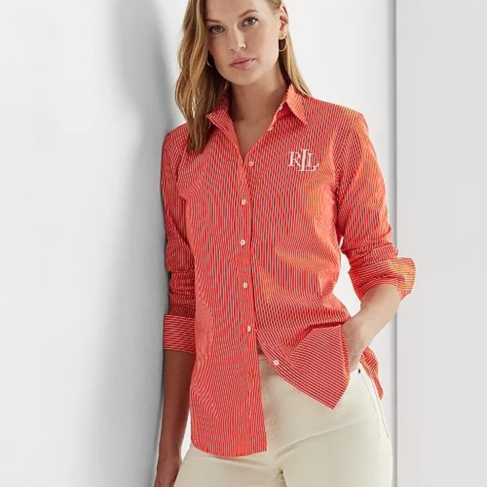 LAUREN RALPH LAUREN Women's Cotton Broadcloth Pinstriped Shirt X-Large